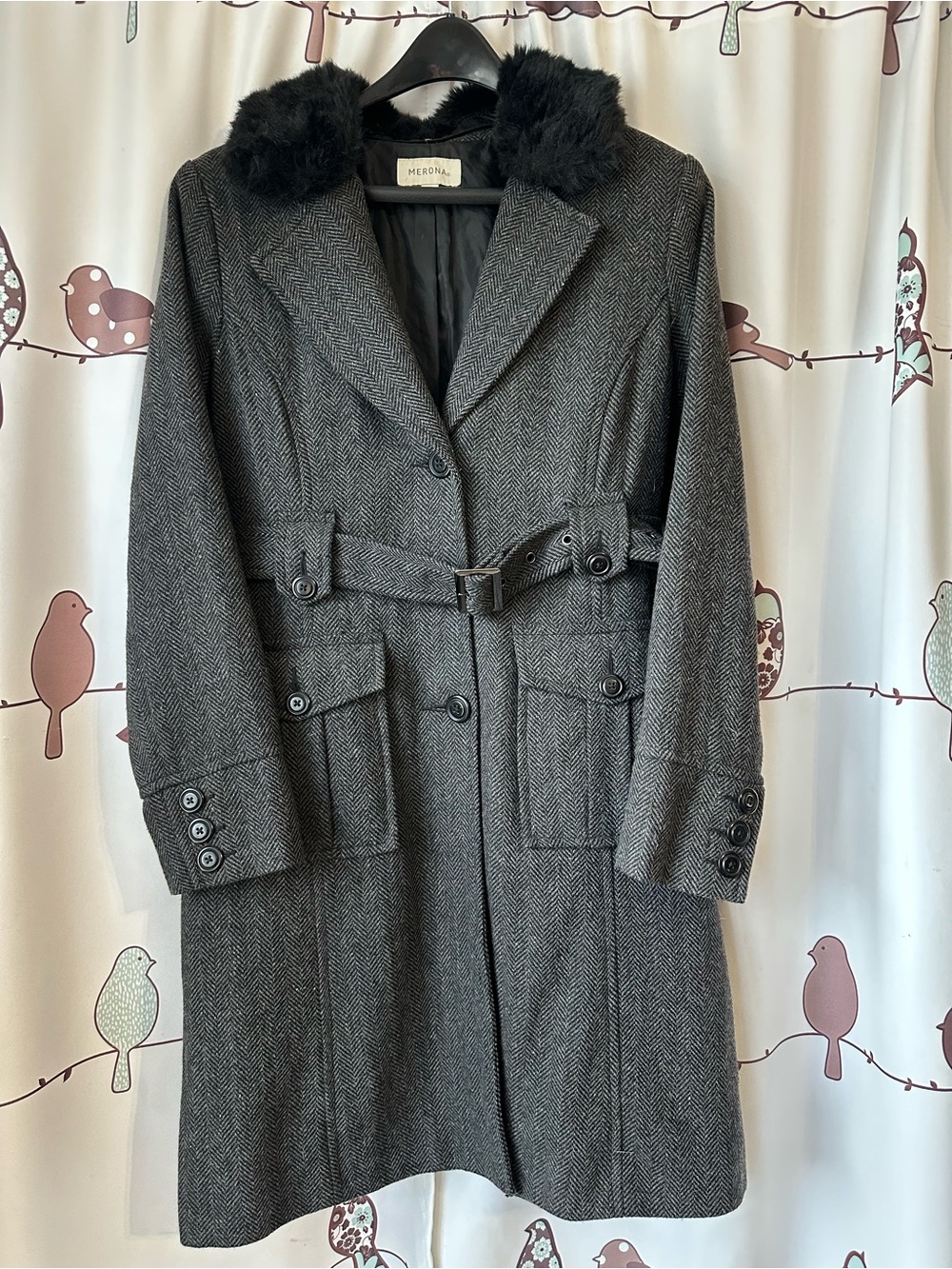 Merona Charcoal Herringbone Wool-Blend Trench Coat with Black Faux Fur Collar